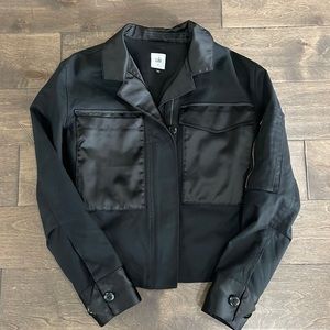 CAbi back to black MOTO zip button jacket black gold detail satin trim size XS